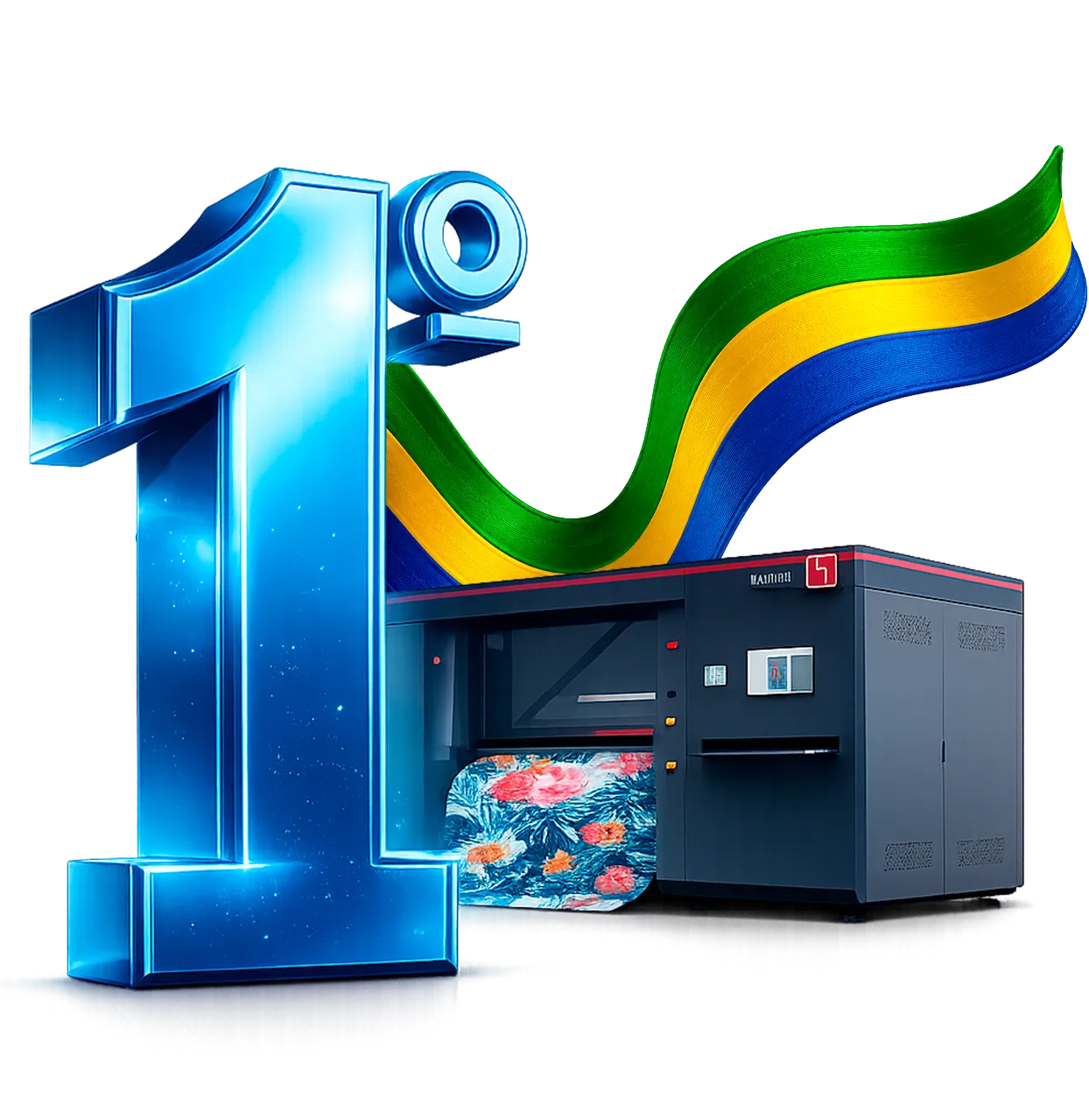 The number “1st” with a Brazil-colored ribbon flowing from the textile printer