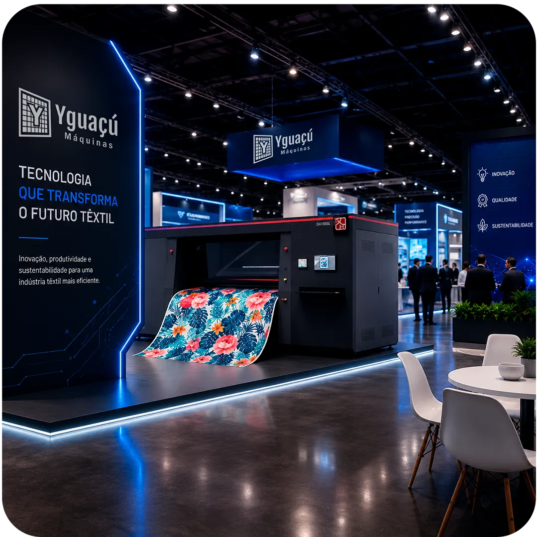Yguaçú Máquinas booth with the HPRT DA188SL printer at a textile trade show